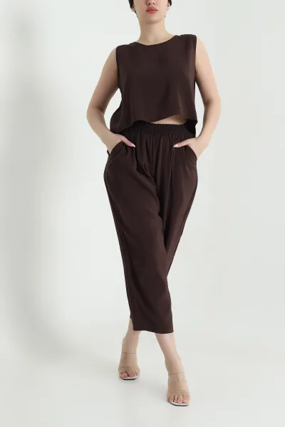 Kahverengi Pantolon Bluz Modal Kadın İkili Takım 458414