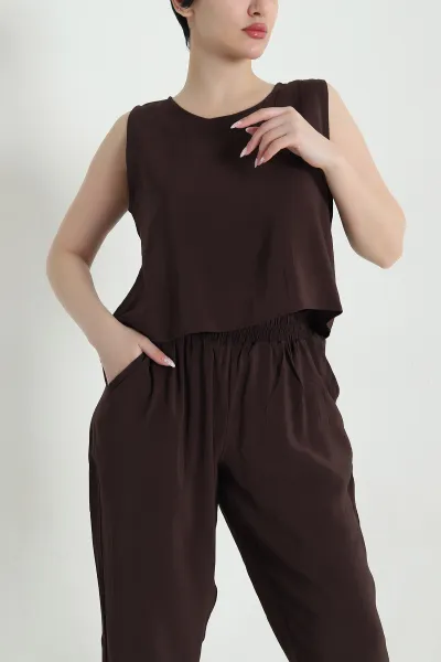 Kahverengi Pantolon Bluz Modal Kadın İkili Takım 458414