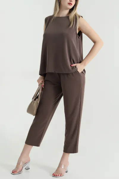 Kahverengi Pantolon Bluz Pike Modal Kadın İkili Takım 468595