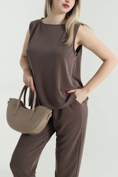 Kahverengi Pantolon Bluz Pike Modal Kadın İkili Takım 468595