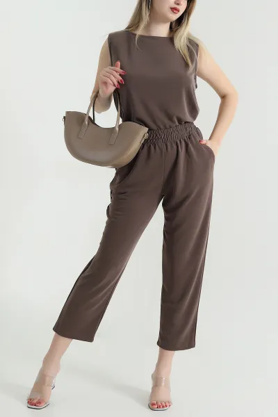 Kahverengi Pantolon Bluz Pike Modal Kadın İkili Takım 468595