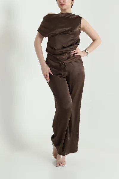 Kahverengi Pantolon Bluz Saten Kadın İkili Takım 457292