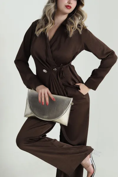 Kahverengi Pantolon Bluz Saten Kadın İkili Takım 485558