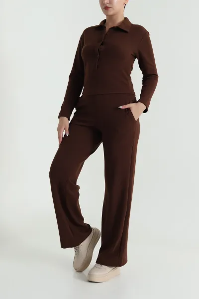 Kahverengi Pantolon Bluz Selanik Kadın İkili Takım 482917