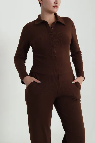 Kahverengi Pantolon Bluz Selanik Kadın İkili Takım 482917