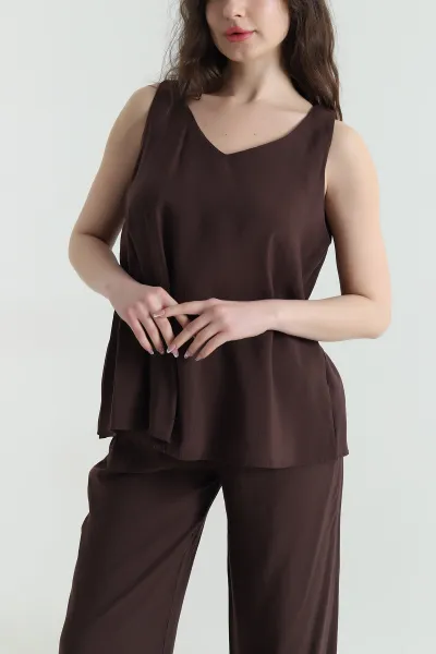 Kahverengi Pantolon Bluz Tensel Modal Kadın İkili Takım 453203