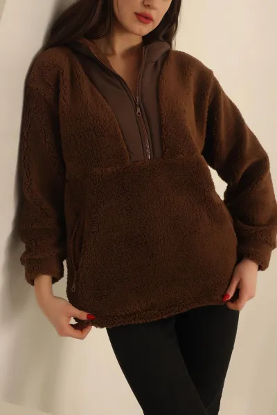 Kahverengi Paraşüt Kumaş Detay Yumoş Sweat 232945