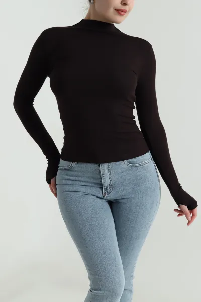 Kahverengi Parmak Geçmeli Buzzy Kadın Bluz 496364