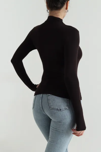 Kahverengi Parmak Geçmeli Buzzy Kadın Bluz 496364