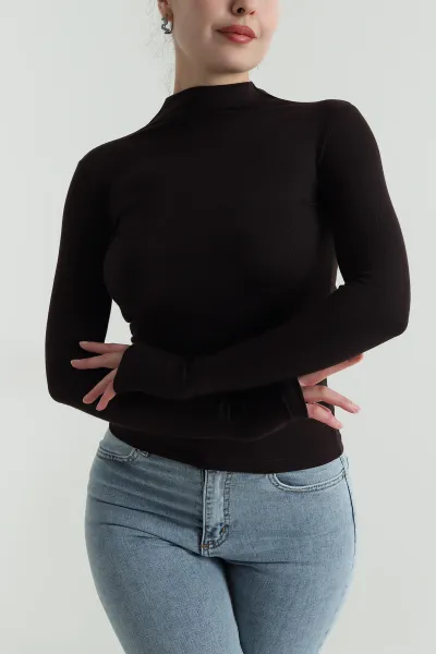 Kahverengi Parmak Geçmeli Buzzy Kadın Bluz 496364