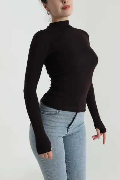 Kahverengi Parmak Geçmeli Buzzy Kadın Bluz 496364