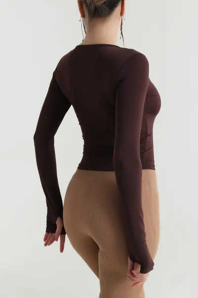 Kahverengi Parmak Geçmeli Dantelli Dalgıç Kadın Bluz 482759