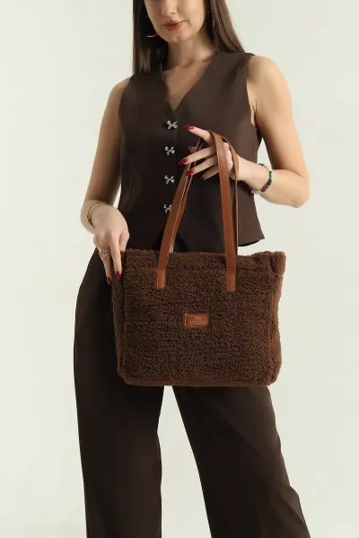 Kahverengi Peluş Fermuarlı Kadın El ve Kol Çantası 335760