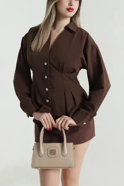 Kahverengi Pensli Gold Düğmeli Poplin Kadın Gömlek 492790