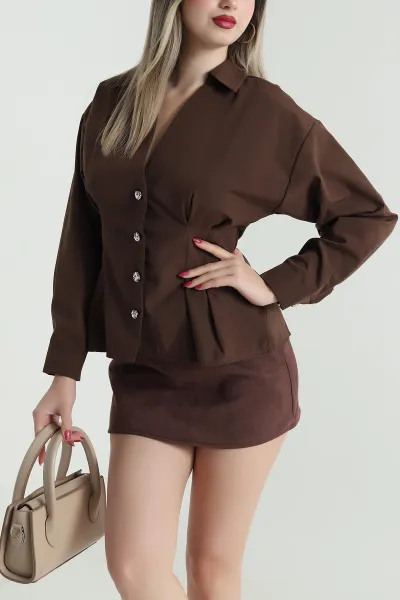 Kahverengi Pensli Gold Düğmeli Poplin Kadın Gömlek 492790