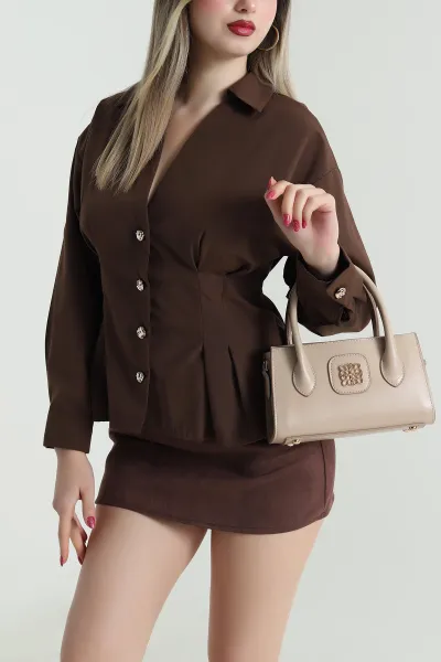 Kahverengi Pensli Gold Düğmeli Poplin Kadın Gömlek 492790