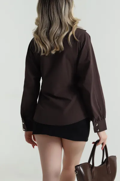 Kahverengi Pensli Poplin Kadın Gömlek 485616