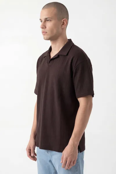 Kahverengi Pike Kumaş Oversize  Polo Yaka Erkek Tişört 448948