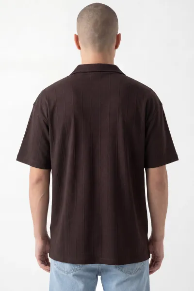 Kahverengi Pike Kumaş Oversize  Polo Yaka Erkek Tişört 448948