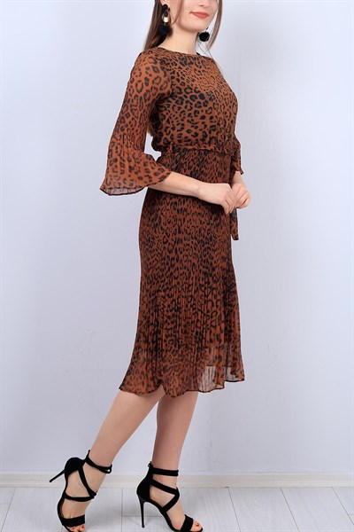 Kahverengi Pileli Bayan Şifon Elbise 12015B
