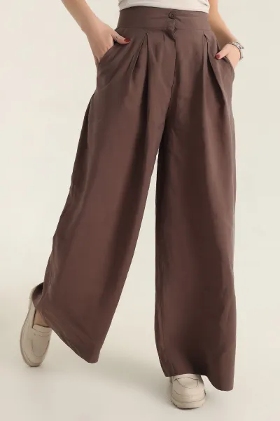 Kahverengi Pileli Cepli Bayan Tencel Pantolon 337622