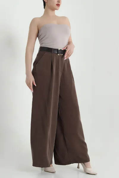 Kahverengi Pileli Cepli Bol Paça Tencel Kadın Pantolon 459095