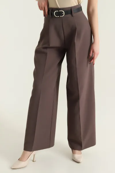 Kahverengi Pileli Palazzo Crep Kadın Pantolon 429841
