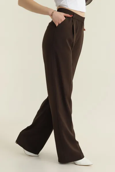 Kahverengi Pileli Palazzo Twill Kadın Pantolon 425423