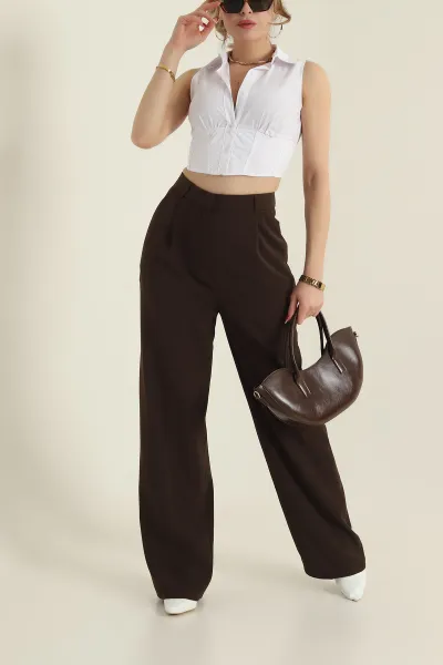 Kahverengi Pileli Palazzo Twill Kadın Pantolon 425423