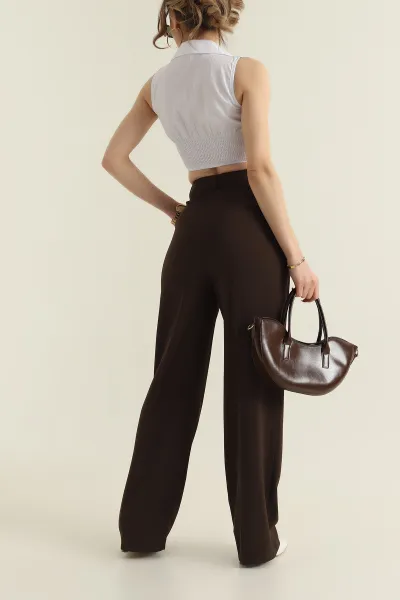 Kahverengi Pileli Palazzo Twill Kadın Pantolon 425423