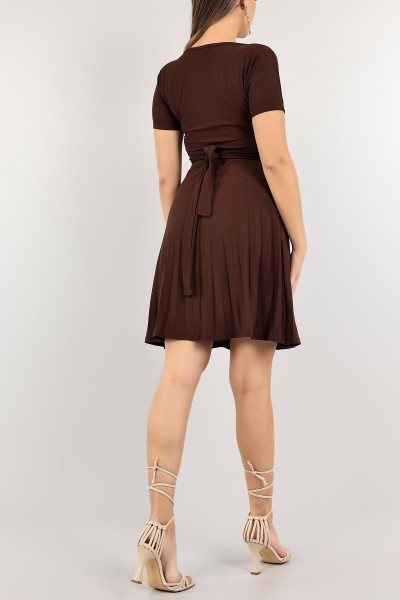 Kahverengi Pliseli Kemerli Elbise 110254
