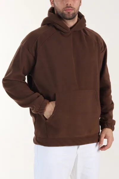 Kahverengi Polar Kumaş Kapüşonlu Erkek Sweatshirt 408507