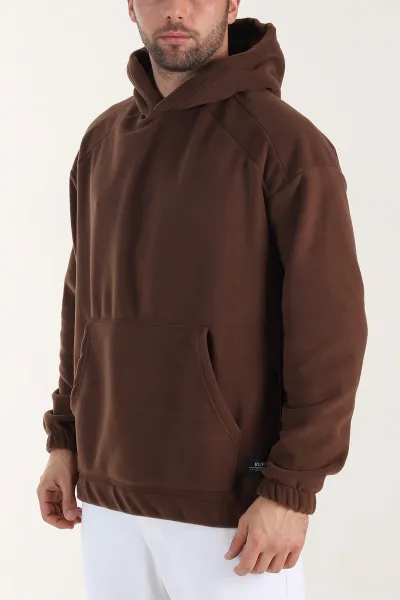 Kahverengi Polar Kumaş Kapüşonlu Erkek Sweatshirt 408507