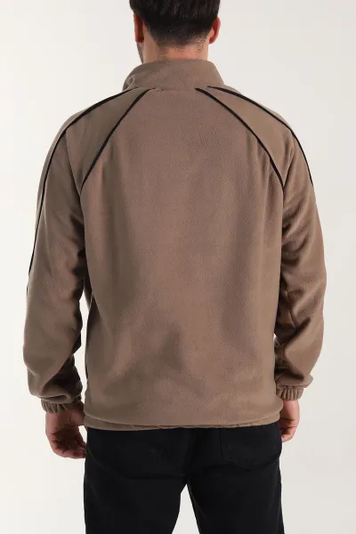 Kahverengi Polar Kumaş Yarım Fermuarlı Yazı Detaylı Erkek Sweatshirt 408550