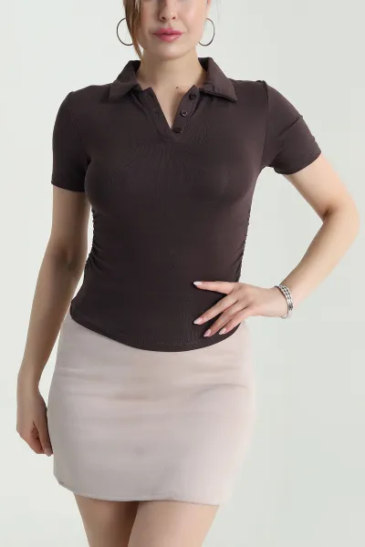 Kahverengi Polo Yaka Büzgülü Viskon Kadın Bluz 473791