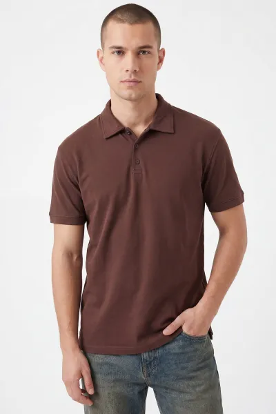 Kahverengi Polo Yaka Düğme Detaylı Erkek Tişört 462256