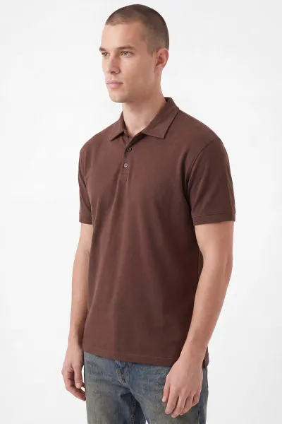 Kahverengi Polo Yaka Düğme Detaylı Erkek Tişört 462256
