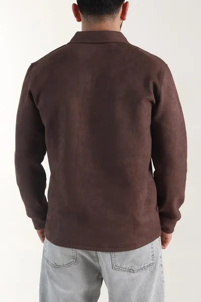 Kahverengi Polo Yaka Düğmeli Nakış Detaylı Erkek Sweatshirt 404864