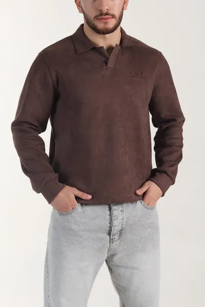 kahverengi-polo-yaka-dugmeli-nakis-detayli-erkek-sweatshirt-404864