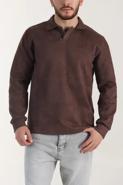 Kahverengi Polo Yaka Düğmeli Nakış Detaylı Erkek Sweatshirt 404864