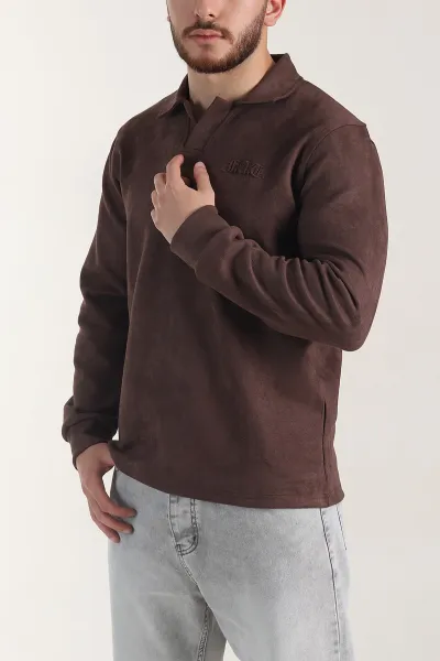 Kahverengi Polo Yaka Düğmeli Nakış Detaylı Erkek Sweatshirt 404864