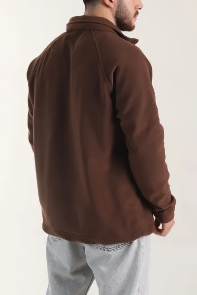 Kahverengi Polo Yaka Düğmeli Uzun Kollu Polar Kumaş Erkek Sweatshirt 404282