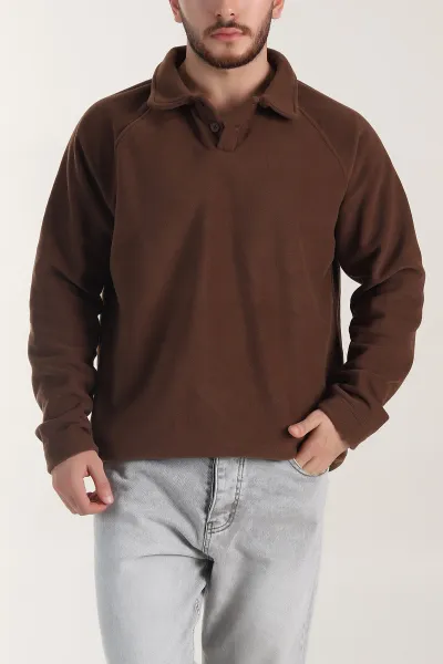 kahverengi-polo-yaka-dugmeli-uzun-kollu-polar-kumas-erkek-sweatshirt-404282