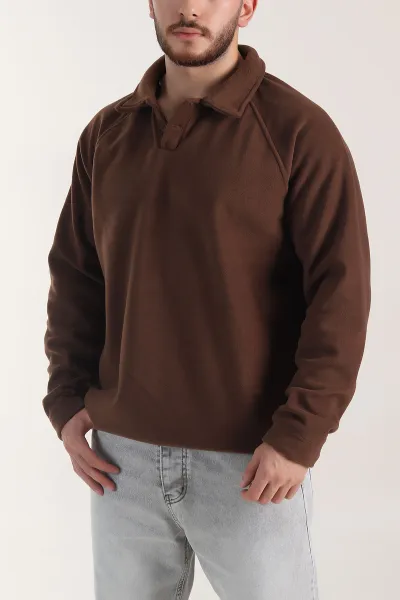 Kahverengi Polo Yaka Düğmeli Uzun Kollu Polar Kumaş Erkek Sweatshirt 404282