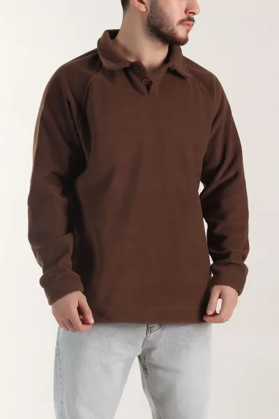 Kahverengi Polo Yaka Düğmeli Uzun Kollu Polar Kumaş Erkek Sweatshirt 404282