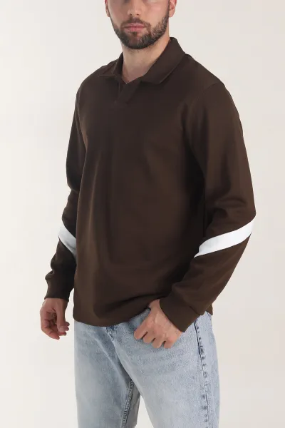Kahverengi Polo Yaka Erkek Sweatshirt 406882