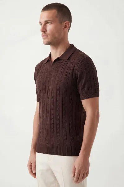 Kahverengi Polo Yaka Erkek Triko Tişört 433131
