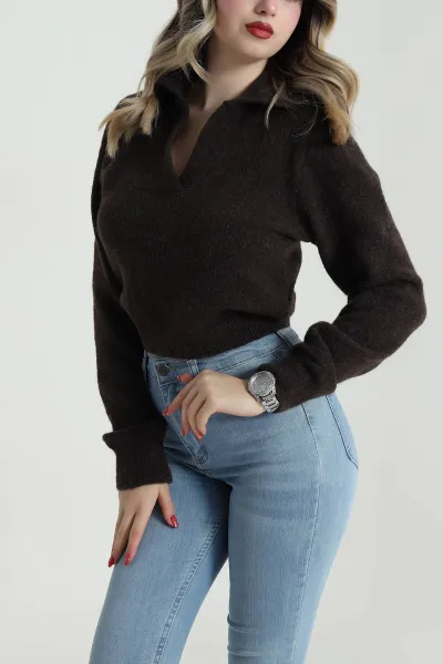 Kahverengi Polo Yaka Jazz Kadın Kazak 485232