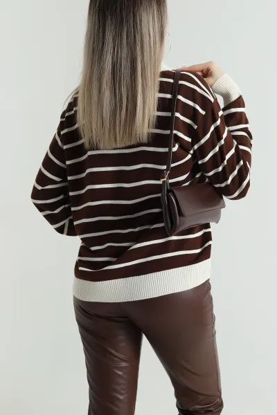 Kahverengi Polo Yaka Kadın Triko Kazak 490684