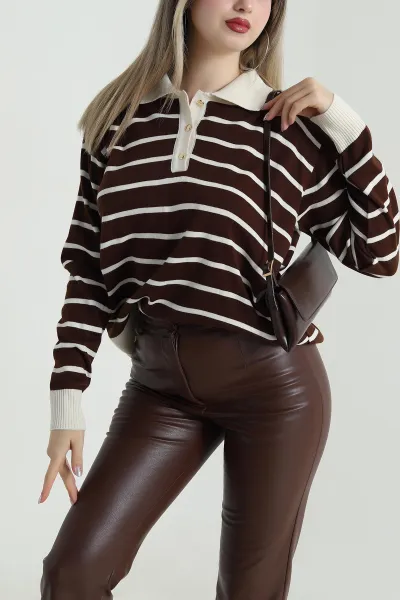 Kahverengi Polo Yaka Kadın Triko Kazak 490684